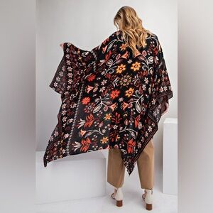Easel Black Floral Kimono Wrap with Orange & Yellow Accents NWT
